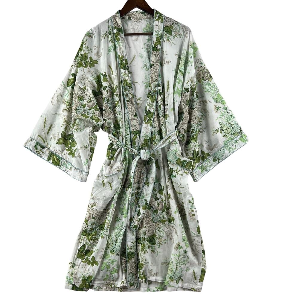 Two's Company Womens One Size Green Floral Cotton Kimono Robe Belted